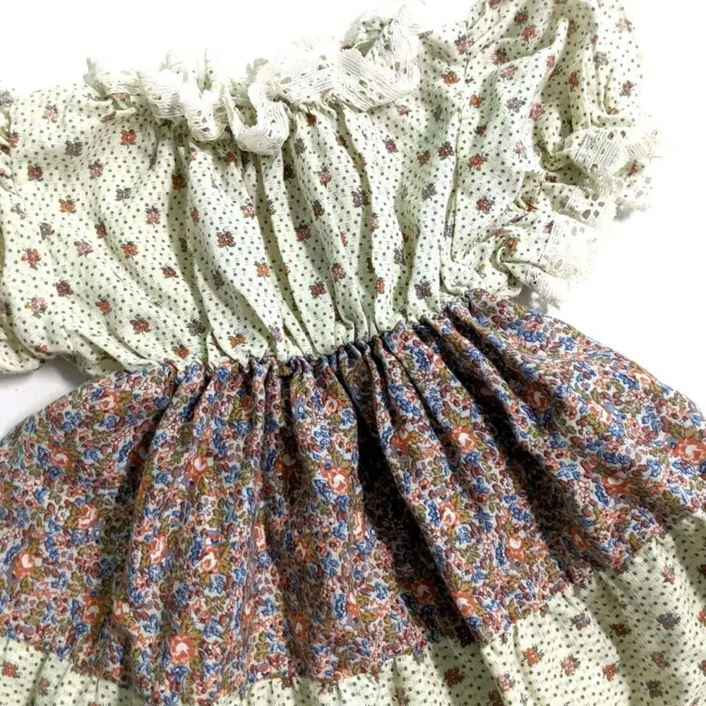 Vintage Lil Airess Dress Girls Size 4 Floral Prairie Neutral Brown Tiered